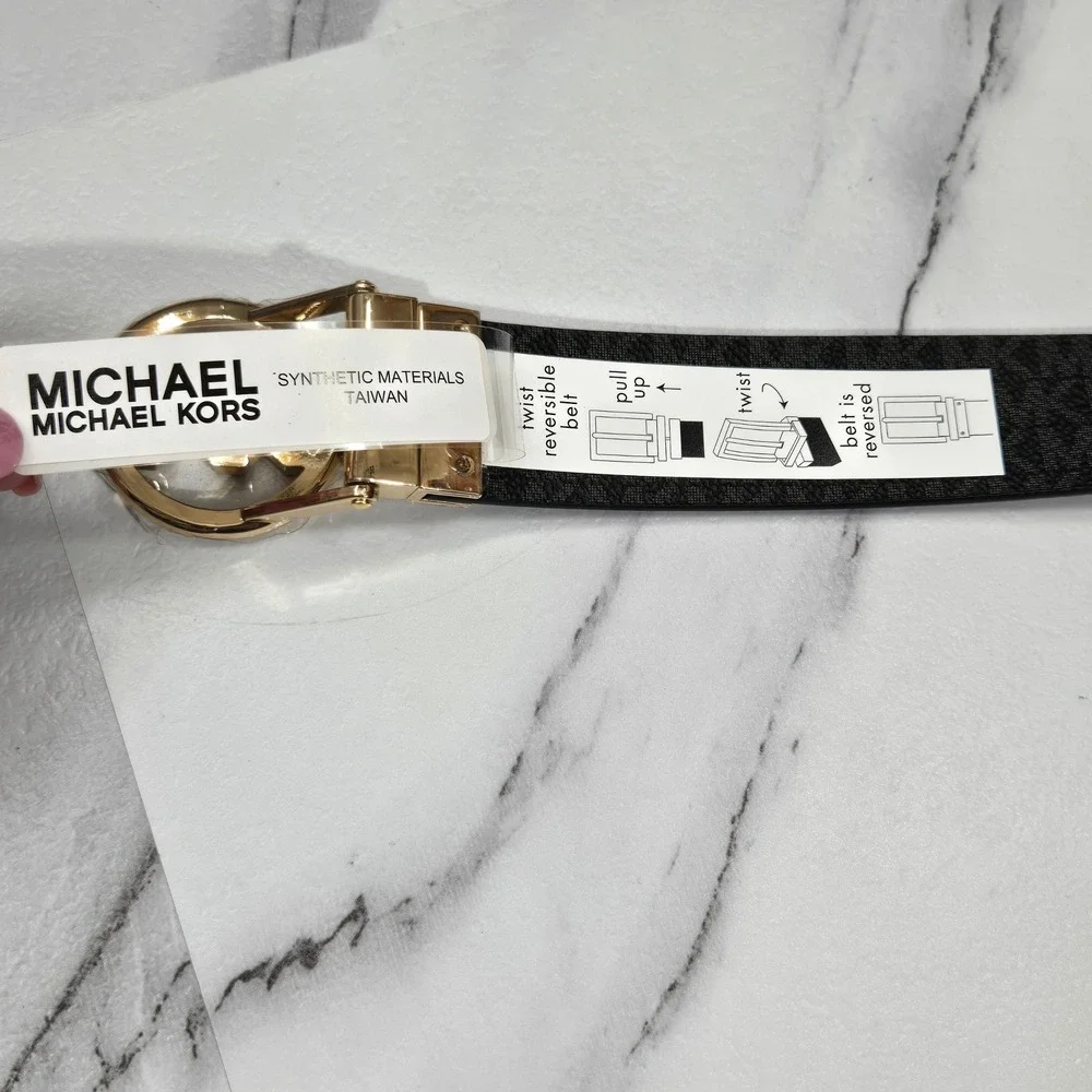 Michael Kors Reversible Twist Belt MK Logo Brown Black Gold XL 551342